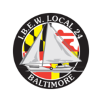 A circular logo with the text "I.B.E.W. Local 24 Baltimore" encircling an image of a sailboat over a Maryland flag background.