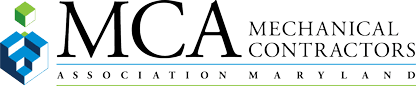 The logo features the abbreviation "MCA" in bold black letters, with "Mechanical Contractors Association Maryland" written beside it. A geometric blue and green cube design appears to the left of the text.