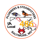 A circular logo with the text "Plumbers & Steamfitters UA Local 486 Baltimore, MD" surrounding a graphic of the state of Maryland, a Baltimore Ravens logo, an oriole bird, and a red crab.