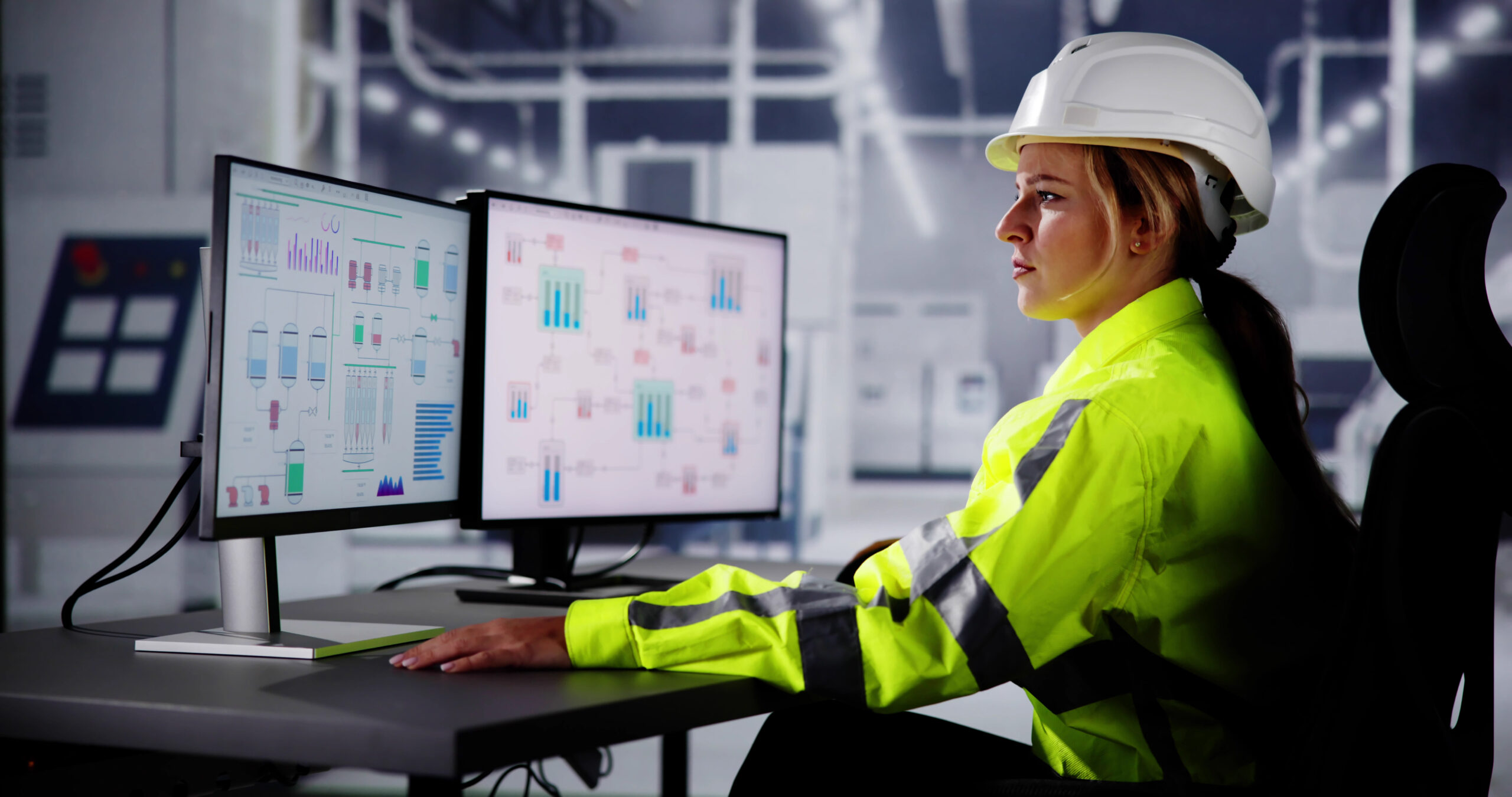 A female engineer wearing a high-visibility jacket and hard hat monitors data on dual computer screens displaying complex system diagrams and graphs in a control room setting