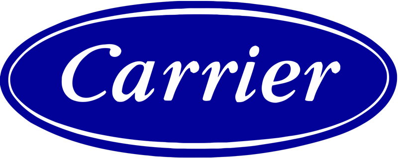 The Carrier logo showcases elegant white cursive text inside a blue oval with a white outline, symbolizing reliability and leadership in HVAC systems and climate solutions