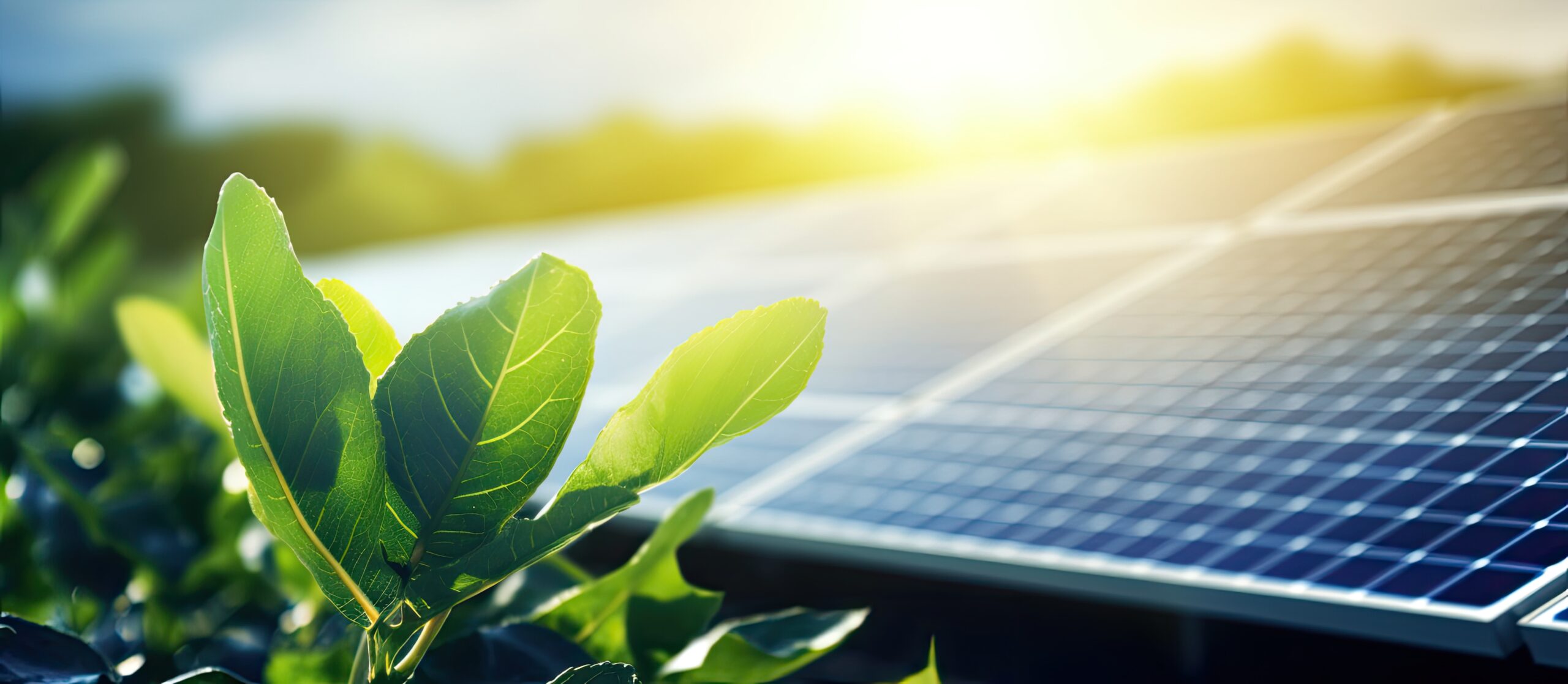 Close-up of green leaves bathed in sunlight with solar panels in the background, symbolizing the intersection of renewable energy and environmental sustainability