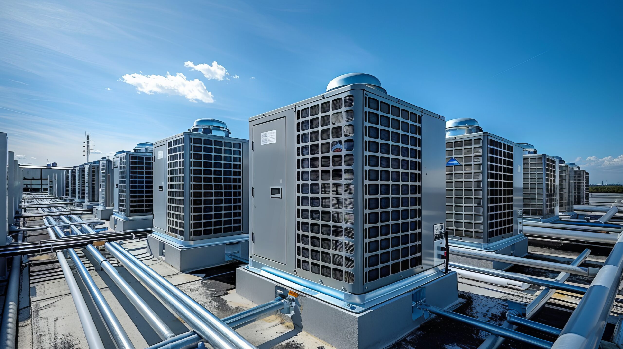 A rooftop view of multiple large HVAC units surrounded by a network of metallic pipes under a bright blue sky, representing modern mechanical infrastructure.