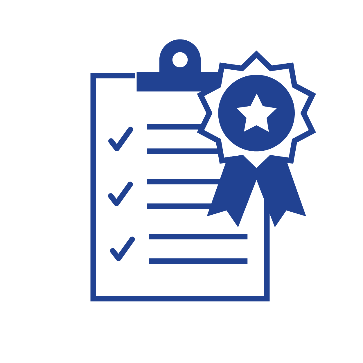Blue icon of a clipboard with a checklist and a ribbon badge featuring a star, symbolizing quality assurance, reliability, and successful task completion.
