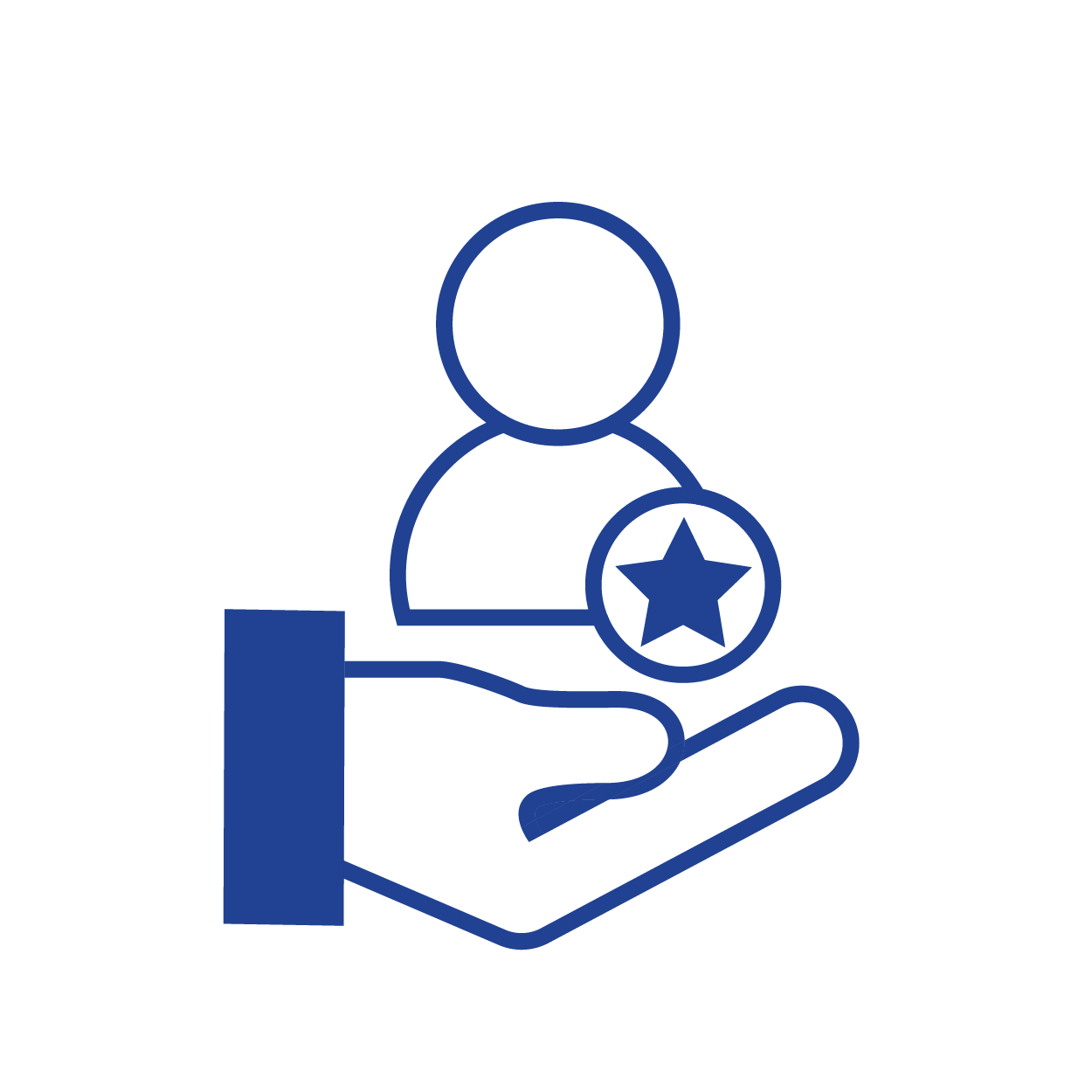 Blue icon of an open hand holding a person symbol with a star, illustrating customer support, care, and dedication to service
