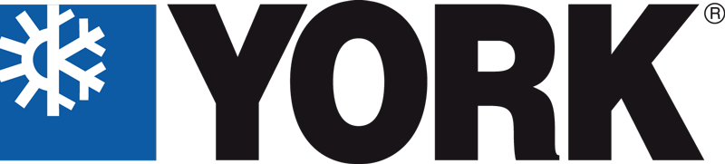 The York logo displays bold black lettering with a blue square containing a white snowflake, symbolizing expertise in HVAC systems and cooling technologies