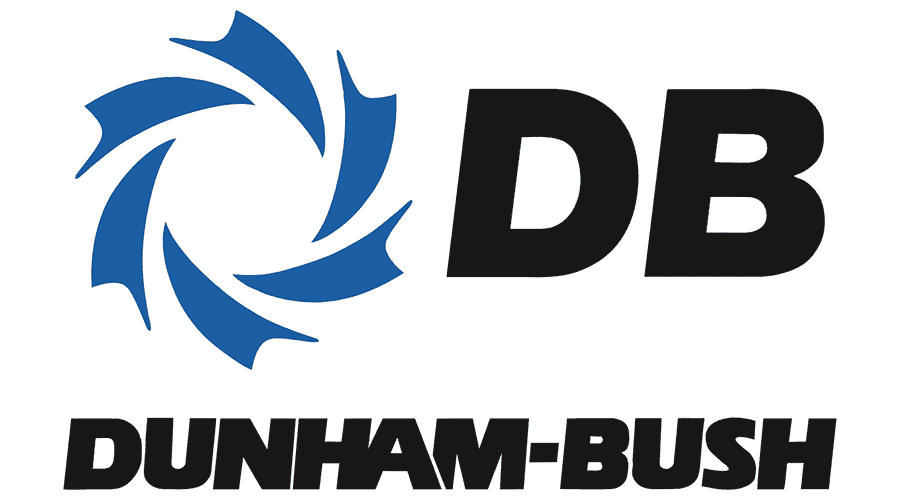 The Dunham-Bush logo includes stylized blue fan blades next to bold black 'DB' initials and the company name in uppercase, highlighting HVAC and cooling solutions