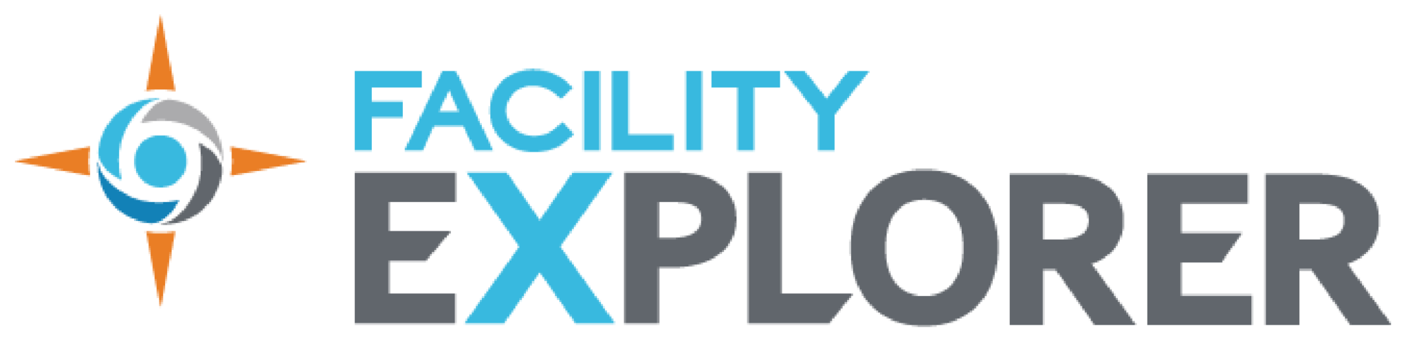 The Facility Explorer logo combines blue and gray typography with an orange and gray compass symbol, emphasizing smart building management and control systems.
