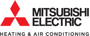 The Mitsubishi Electric logo features a red three-diamond symbol next to bold black text with 'Heating & Air Conditioning,' representing advanced climate control technologies.