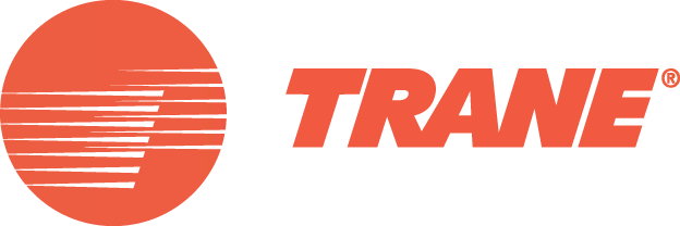 The Trane logo showcases bold red typography alongside a circular emblem with horizontal lines, representing dynamic HVAC solutions and energy efficiency.