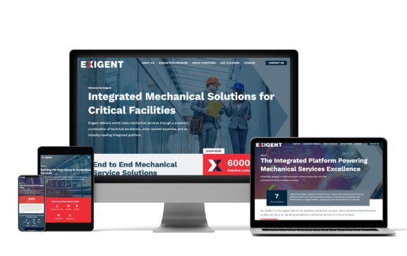 Monitors mockup of Exigent new website designed by Epstein Creative Group