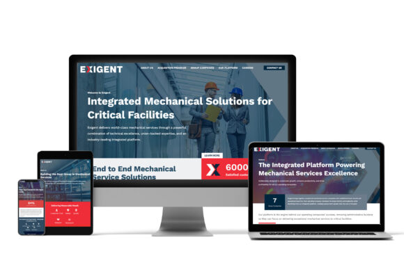 Monitors mockup of Exigent new website designed by Epstein Creative Group