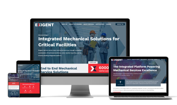 Monitors mockup of Exigent new website designed by Epstein Creative Group