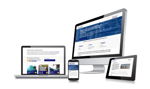 ThermaServe website shown on desktop, laptop, tablet, and phone, highlighting responsive design and HVAC services.
